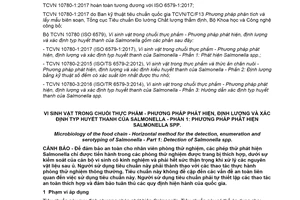 Tiêu chuẩn quốc gia TCVN 10780-1:2017 (ISO 6579-1:2017) về Vi sinh vật trong chuỗi thực phẩm - Phương pháp phát hiện, định lượng và xác định typ huyết thanh của Salmonella - Phần 1: Phương pháp phát hiện Salmonella spp