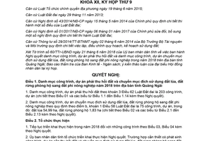 Nghị quyết 15/2018/NQ-HĐND danh mục dự án phải thu hồi chuyển mục đích sử dụng Quảng Ngãi