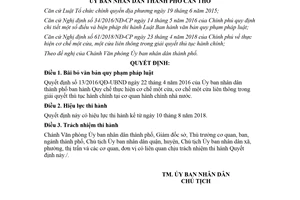 Quyết định 15/2018/QĐ-UBND bãi bỏ 13/2016/QĐ-UBND cơ chế một cửa giải quyết thủ tục Cần Thơ