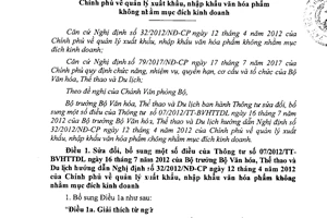 Thông tư 22/2018/TT-BVHTTDL sửa đổi 07/2012/TT-BVHTTDL xuất nhập khẩu văn hóa phẩm không kinh doanh