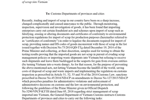 Official Dispatch 4202/TCHQ-PC 2018 management import scrap into Vietnam