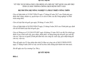 Quyết định 3431/QĐ-BNN-TY 2018 xuất hóa chất Chlorine 65% min hỗ trợ Cà Mau