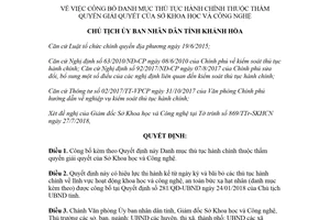 Quyết định 2288/QĐ-UBND 2018 thủ tục hành chính thuộc thẩm quyền của Sở Khoa học Khánh Hòa