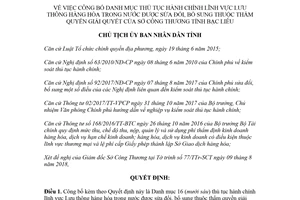 Quyết định 1521/QĐ-UBND 2018 thủ tục Lưu thông hàng hóa trong nước của Sở Công Thương Bạc Liêu