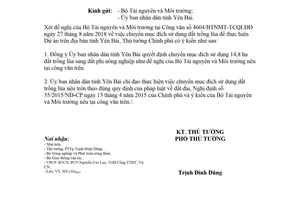 Công văn 1192/TTg-NN 2018 chuyển mục đích sử dụng đất trồng lúa để thực hiện dự án tại Yên Bái