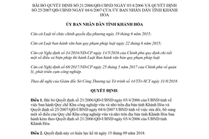 Quyết định 32/2018/QĐ-UBND bãi bỏ Quyết định 21/2006/QĐ-UBND Khu Công nghiệp Khánh Hòa