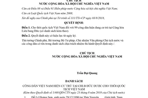 Quyết định 1468/QĐ-CTN 2018 cho thôi quốc tịch Việt Nam 99 công dân cư trú tại Cộng hòa Đức