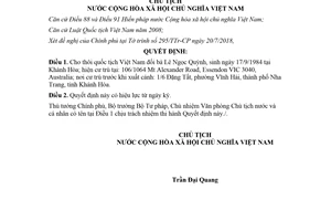 Quyết định 1472/QĐ-CTN 2018 cho thôi quốc tịch Việt Nam đối với bà Lê Ngọc Quỳnh