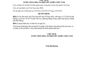 Quyết định 1473/QĐ-CTN 2018 cho thôi quốc tịch Việt Nam đối với ông Vũ Duy Hiếu