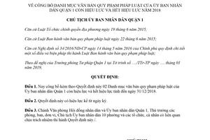Quyết định 14/QĐ-UBND 2019 công bố Danh mục văn bản quy phạm Quận 1 hết hiệu lực Hồ Chí Minh