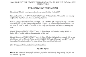 Quyết định 24/2019/QĐ-UBND về Quy chế tổ chức và hoạt động của ấp khu phố tỉnh Tây Ninh