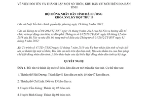 Nghị quyết 09/2019/NQ-HĐND đổi tên thành lập thôn khu dân cư mới Hải Dương