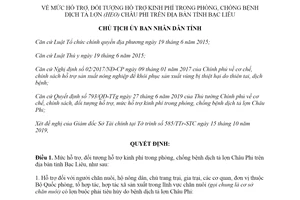 Quyết định 1965/QĐ-UBND 2019 mức hỗ trợ kinh phí trong phòng chống bệnh dịch tả lợn Bạc Liêu