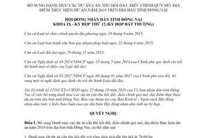 Nghị quyết 179/2019/NQ-HĐND danh mục dự án cần thu hồi đất điều chỉnh quy mô Đồng Nai