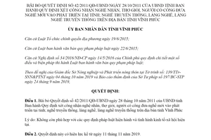 Quyết định 50/2019/QĐ-UBND bãi bỏ quy định xét công nhận nghệ nhân làng nghề Vĩnh Phúc