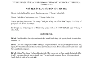 Quyết định 1660/QĐ-UBND 2019 Kế hoạch hành động giải quyết vấn đề rác thải nhựa tỉnh Bến Tre