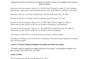 Circular 36/2015/TT-BCT promulgating National technical regulation on napkin and toilet tissue paper