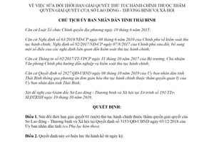 Quyết định 3011/QĐ-UBND 2019 sửa đổi thời hạn giải quyết thủ tục hành chính Sở Lao động Thái Bình