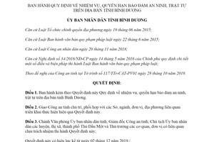 Quyết định 25/2019/QĐ-UBND nhiệm vụ quyền hạn bảo đảm an ninh trật tự tỉnh Bình Dương