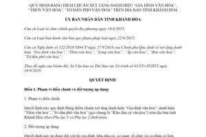 Quyết định 20/2019/QĐ-UBND Bảng điểm chuẩn xét tặng danh hiệu Gia đình văn hóa Khánh Hòa