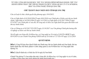 Quyết định 3126/QĐ-UBND 2019 công bố danh mục thủ tục hành chính Sở Khoa học tỉnh Quảng Trị