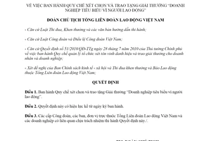 Quyết định 1717/QĐ-TLĐ 2019 xét tặng trao tặng Giải thưởng Doanh nghiệp tiêu biểu vì người lao động