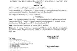 Nghị quyết 108/NQ-CP 2019 thực hiện Nghị quyết 45-NQ/TW xây dựng và phát triển Hải Phòng