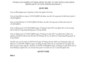 Nghị quyết 95/2019/QH14 nghiên cứu khả thi Dự án xây dựng Cảng hàng không quốc tế Long Thành