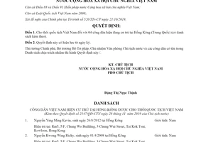 Quyết định 2147/QĐ-CTN 2019 cho thôi quốc tịch Việt Nam đối với công dân cư trú tại Hồng Kông