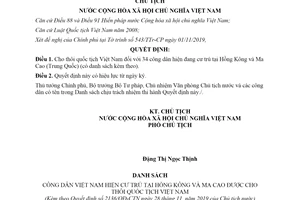 Quyết định 2136/QĐ-CTN 2019 cho thôi quốc tịch Việt Nam công dân hiện đang cư trú tại Hồng Kông