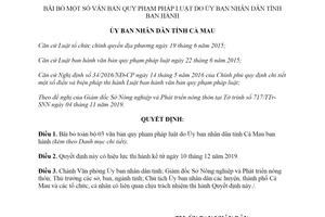 Quyết định 37/2019/QĐ-UBND bãi bỏ văn bản quy phạm pháp luật tỉnh Cà Mau