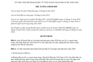Quyết định 1706/QĐ-TTg 2019 giao kế hoạch đầu tư vốn ngân sách nhà nước năm 2020
