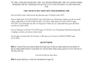Quyết định 6877/QĐ-UBND 2019 công bố thủ tục hành chính Sở Văn hóa và Thể thao Hà Nội