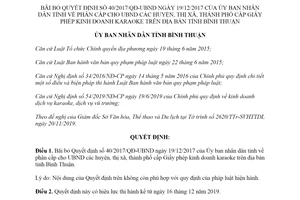 Quyết định 35/2019/QĐ-UBND bãi bỏ Quyết định cấp Giấy phép kinh doanh karaoke Bình Thuận