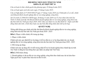 Nghị quyết 15/2019/NQ-HĐND khuyến khích doanh nghiệp đầu tư vào nông nghiệp tỉnh Tây Ninh