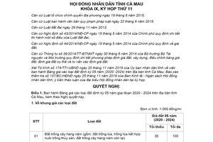 Nghị quyết 18/2019/NQ-HĐND Bảng giá đất định kỳ 05 năm tỉnh Cà Mau