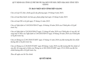 Quyết định 36/2019/QĐ-UBND quy định giá tính lệ phí trước bạ đối với nhà tỉnh Tiền Giang