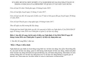 Nghị định 95/2019/NĐ-CP sửa đổi Nghị định 24a/2016/NĐ-CP quản lý vật liệu xây dựng