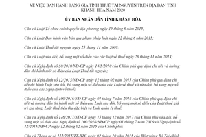 Quyết định 22/2019/QĐ-UBND ban hành Bảng giá tính thuế tài nguyên tỉnh Khánh Hòa