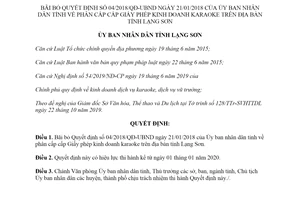 Quyết định 31/2019/QĐ-UBND phân cấp cấp Giấy phép kinh doanh karaoke trên địa bàn tỉnh Lạng Sơn