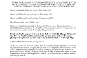 Quyết định 37/2019/QĐ-TTg sửa đổi Quyết định 01/2016/QĐ-TTg kinh phí khắc phục hậu quả thiên tai