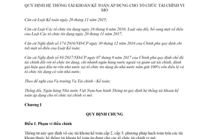 Thông tư 31/2019/TT-NHNN hệ thống tài khoản kế toán áp dụng cho tổ chức tài chính vi mô