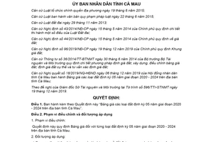 Quyết định 41/2019/QĐ-UBND Bảng giá đất định kỳ 05 năm tỉnh Cà Mau