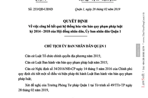 Quyết định 233/QĐ-UBND 2019 kết quả hệ thống hóa văn bản quy phạm Quận 1 Hồ Chí Minh