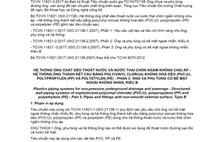 Tiêu chuẩn quốc gia TCVN 11821-3:2017 (ISO 21138-3:2007) về Hệ thống ống chất dẻo thoát nước và nước thải chôn ngầm không chịu áp - Hệ thống ống thành kết cấu bằng poly(vinyl clorua) không hoá dẻo (PVC-U), polypropylen (PP) và polyetylen (PE) - Phần 3: Ống và phụ tùng có bề mặt ngoài không nhẵn, kiểu B