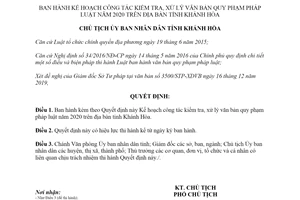 Quyết định 3913/QĐ-UBND 2019 công tác kiểm tra xử lý văn bản quy phạm pháp luật tỉnh Khánh Hòa