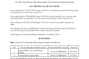 Quyết định 02/QĐ-QLD 2020 thu hồi số tiếp nhận Phiếu công bố sản phẩm mỹ phẩm