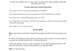 Quyết định 02/2020/QĐ-UBND quy định giá lúa thu thuế sử dụng đất nông nghiệp tỉnh Vĩnh Long