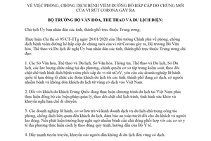 Công điện 389/CĐ-BVHTTDL 2020 phòng chống dịch bệnh viêm đường hô hấp cấp do vi rút Corona