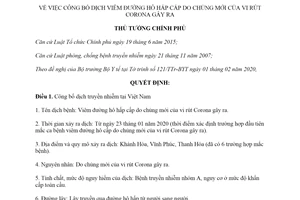Quyết định 173/QĐ-TTg công bố dịch viêm đường hô hấp cấp do chủng mới của vi rút Corona gây ra